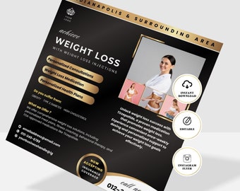 May include: A black and gold flyer advertising weight loss services in Indianapolis and surrounding areas. The flyer features a woman smiling and holding a measuring tape. The text on the flyer reads "achieve WEIGHT LOSS with WEIGHT LOSS INJECTIONS".