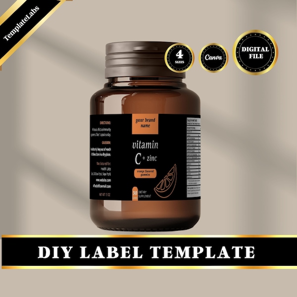 Supplement Label Template, Vitamin Label, Medicine Bottle Label, Bottle Label Template, Edit in Canva, DIY Label, 4 Sizes, Digital Download