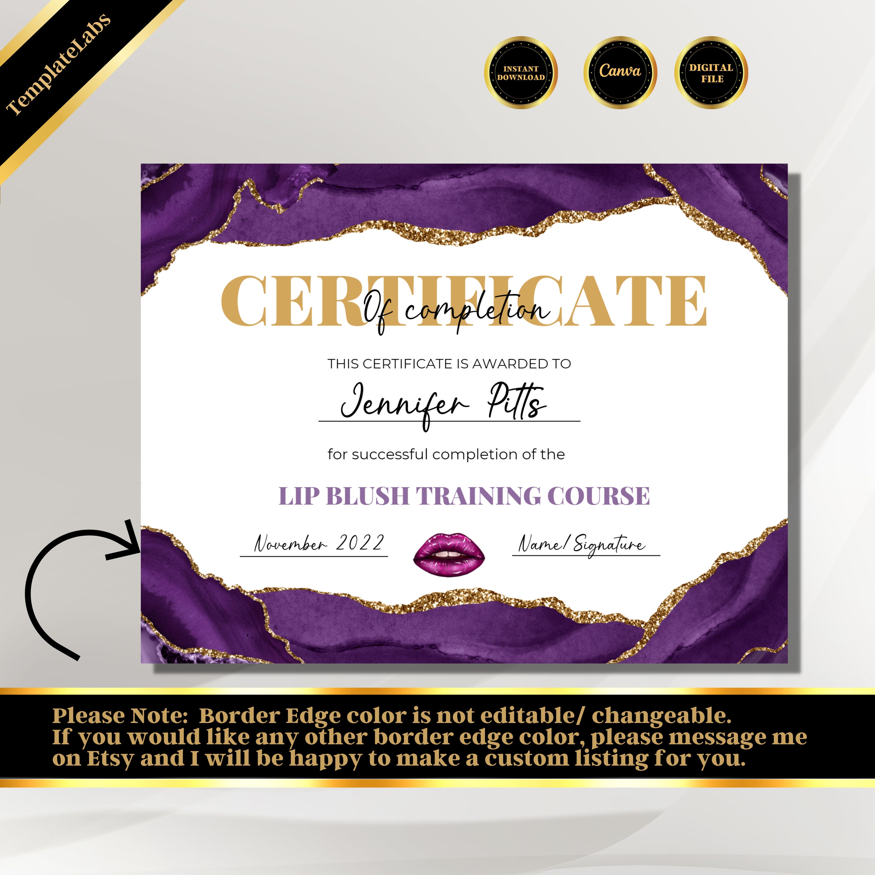 Lip Blush Certificate Certificate of Completion Template Lip Etsy