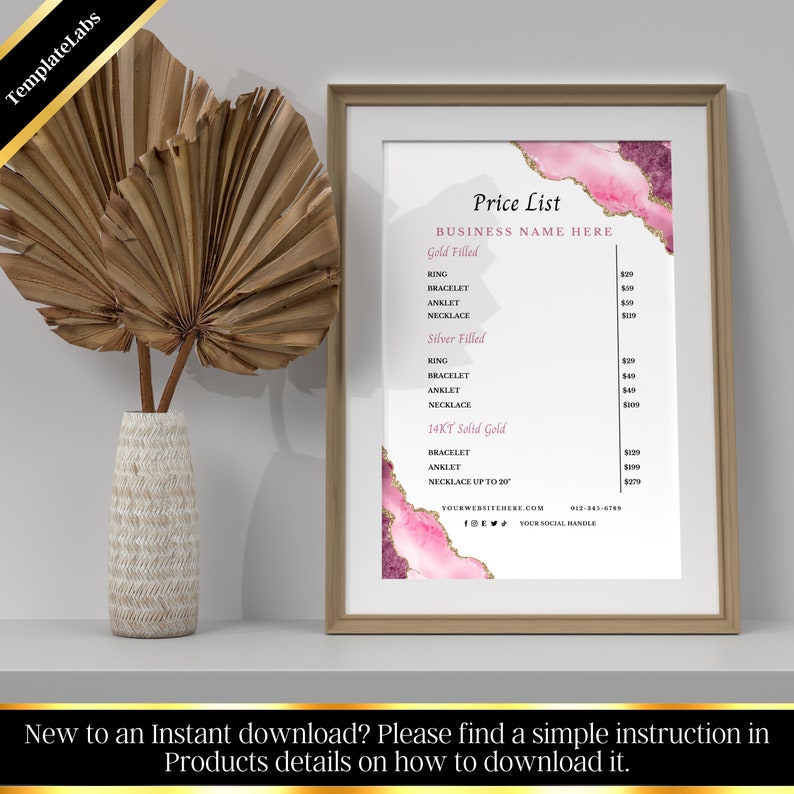 Permanent Jewelry Price List, Printable Price List, Price Guide Canva, Editable Template