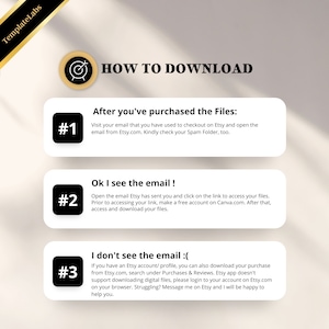 May include: A three-step guide on how to download digital files after purchasing them on Etsy. The guide includes instructions on checking your email, accessing the download link, and alternative methods for downloading files.