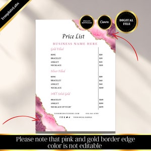 Permanent Jewelry Price List, Printable Price List, Price Guide Canva 
