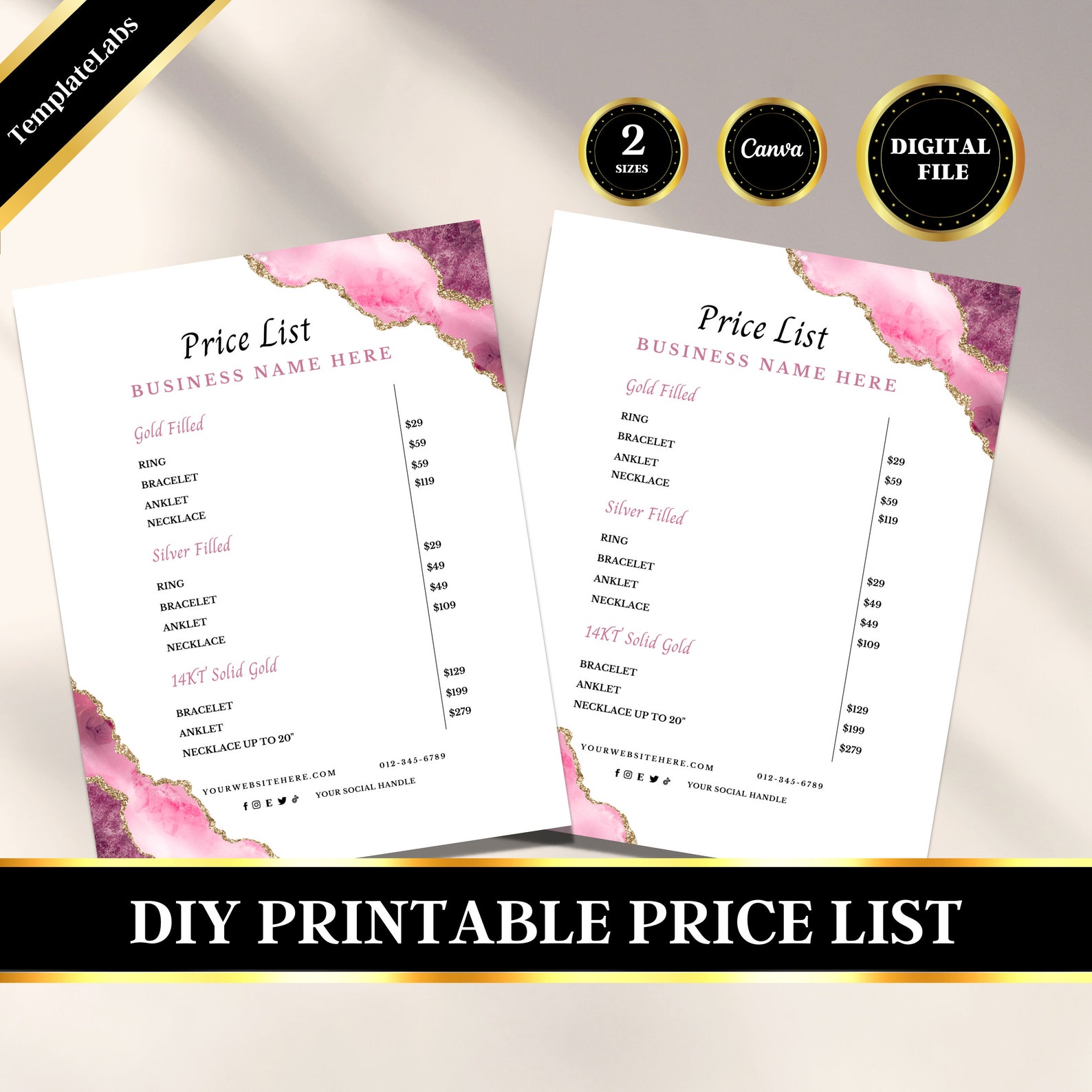 Permanent Jewelry Price List, Printable Price List, Price Guide Canva 