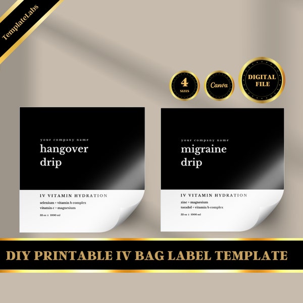 IV Bag Label, IV Hydration Printable, Printable Label, DIY Label, Editable Canva Label, 4 Sizes, 3X3, 2.5X2.5, 2.5X4, 2.5X3.5, Digital File