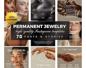 Puede incluir: Una colección de plantillas de Instagram para negocios de joyería permanente. Las plantillas presentan imágenes de joyería unida, una mujer con un aro en la nariz y una mujer con un brazalete. El texto en las plantillas incluye "Joyería permanente", "Plantillas de Instagram de alta calidad", "70 publicaciones e historias", "Joyería unida en Houston, Texas", "Estilo infinito, amor infinito" y "¿Cómo funciona?"