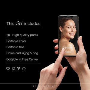 May include: A smartphone displaying a graphic of a woman with the text "Infrared Sauna" on her shoulder. The phone is being held by a person's hand. The text "This Set includes" is displayed above the phone, followed by a list of features: 50 High quality posts, Editable color, Editable text, Download in jpg & png, Editable in Free Canva.