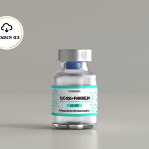 May include: A clear glass vial with a silver cap and a blue stopper, featuring a white label with turquoise borders. The label displays the text ELITE BIORESEARCH, CJC-1295+IPAMORELIN, 3ML/10MG, and For Research Use Only Not for Human Consumption.