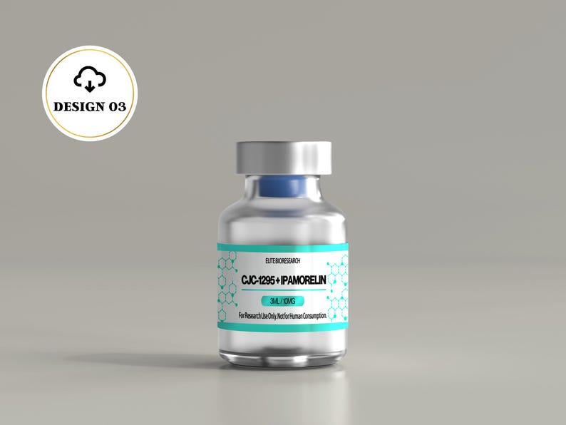 May include: A clear glass vial with a silver cap and a blue stopper, featuring a white label with turquoise borders. The label displays the text ELITE BIORESEARCH, CJC-1295+IPAMORELIN, 3ML/10MG, and For Research Use Only Not for Human Consumption.