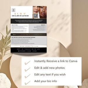 May include: A promotional flyer for "GLOW" skincare products. The flyer features the product name, ingredient list, and images of people. The flyer also includes a QR code and website address.