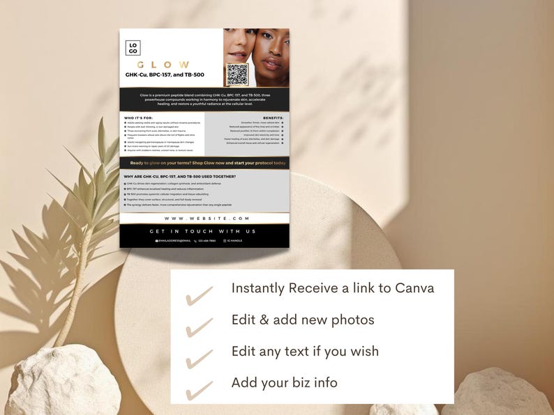 May include: A promotional flyer for "GLOW" skincare products. The flyer features the product name, ingredient list, and images of people. The flyer also includes a QR code and website address.