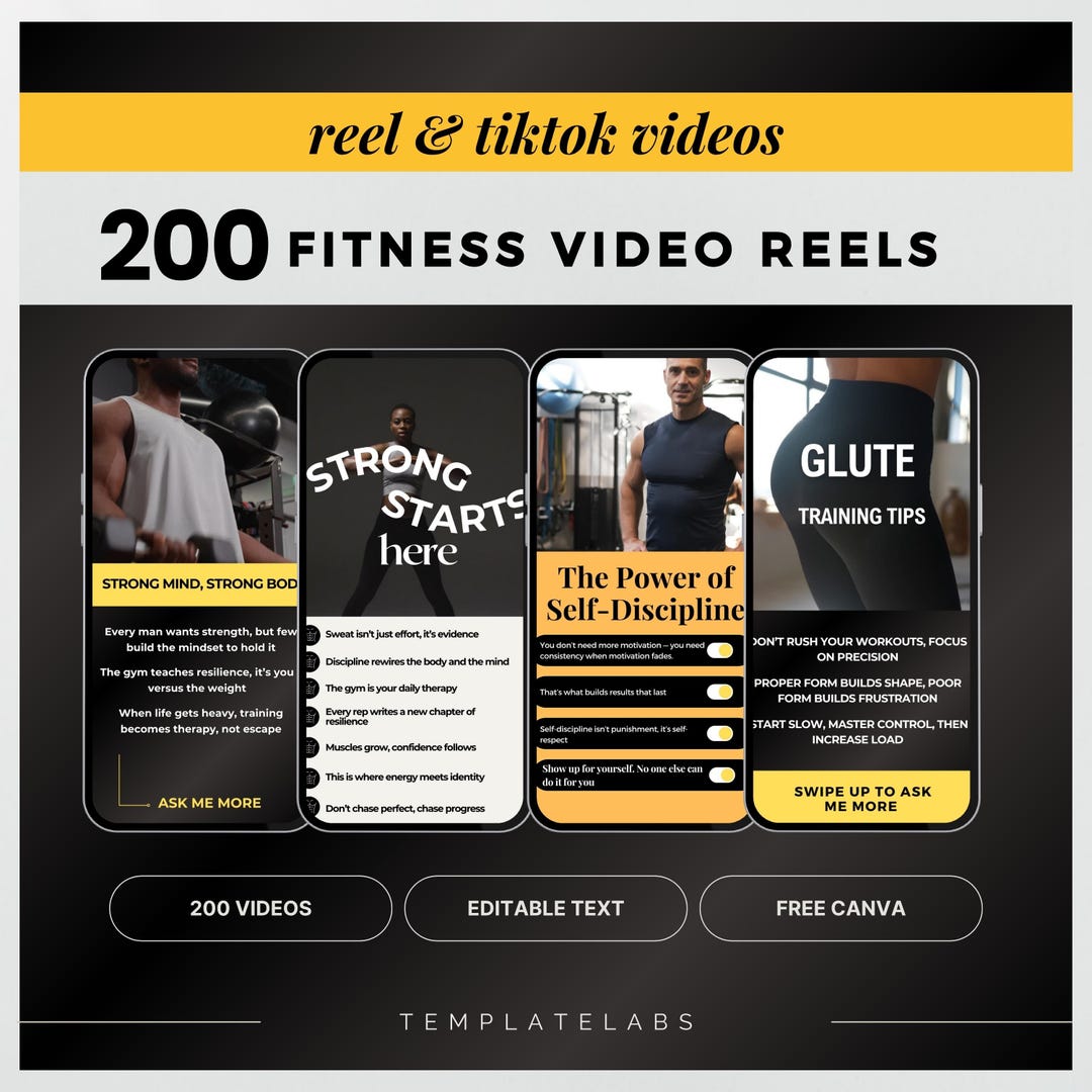 Fitness Reels Bundle, Gym Fitness Canva, Workout Instagram Reels, Fitness Social Templates ...