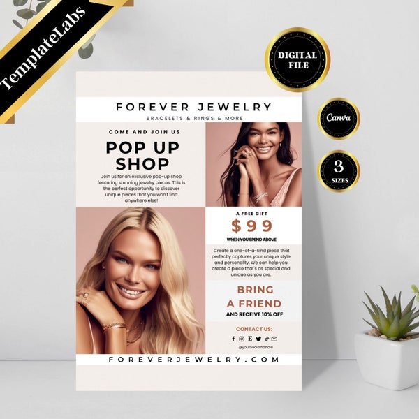 Permanent Jewelry Pop Up Flyer, Permanent Jewelry Printable, Pop Up Shop Flyer Template, Flyer Canva, Edit in Canva, 3 Sizes, DIY Flyer