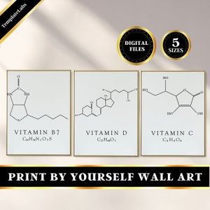 Pu&ograve; includere: Tre stampe d'arte da parete stampabili che presentano le strutture chimiche della vitamina B7, della vitamina D e della vitamina C. Ogni stampa ha uno sfondo bianco con testo nero e un contorno nero.