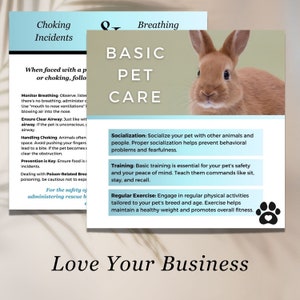 May include: A brown rabbit with pink ears and a white heart on its paw. The text "Basic Pet Care" is in large, bold letters above the rabbit. The text below the rabbit includes tips for socialising, training, and exercising your pet.