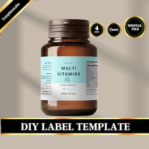 Modelo de rótulo de suplemento, rótulo de vitamina, rótulo de frasco de medicamento, modelo de rótulo de frasco, editar no Canva, rótulo faça você mesmo, 4 tamanhos, download digital