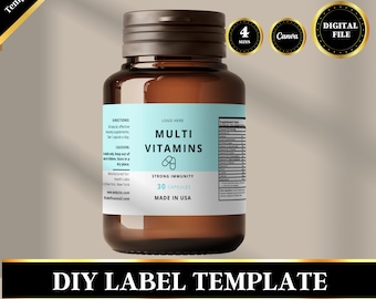 Supplement Label Template, Vitamin Label, Medicine Bottle Label, Bottle Label Template, Edit in Canva, DIY Label, 4 Sizes, Digital Download