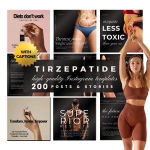 Puede incluir: Un collage de publicaciones de Instagram que promocionan un medicamento para perder peso llamado Tirzepatide. Las publicaciones incluyen im&aacute;genes de personas haciendo ejercicio, una botella del medicamento y texto que destaca los beneficios de Tirzepatide. El texto incluye frases como "Las dietas no funcionan, Tirzepatide s&iacute;", "El medicamento para perder peso m&aacute;s potente", "Transformar, Renovar, Empoderar", y "Resultados superiores".