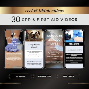 May include: A set of four phone screen mockups with text and images promoting CPR and first aid training. The text on the mockups includes "Be the difference for someone you love", "Every Second Counts", "100,000 to 200,000 Lives Could Be Saved", and "AEDs & CPR: How AEDs Work with CPR".