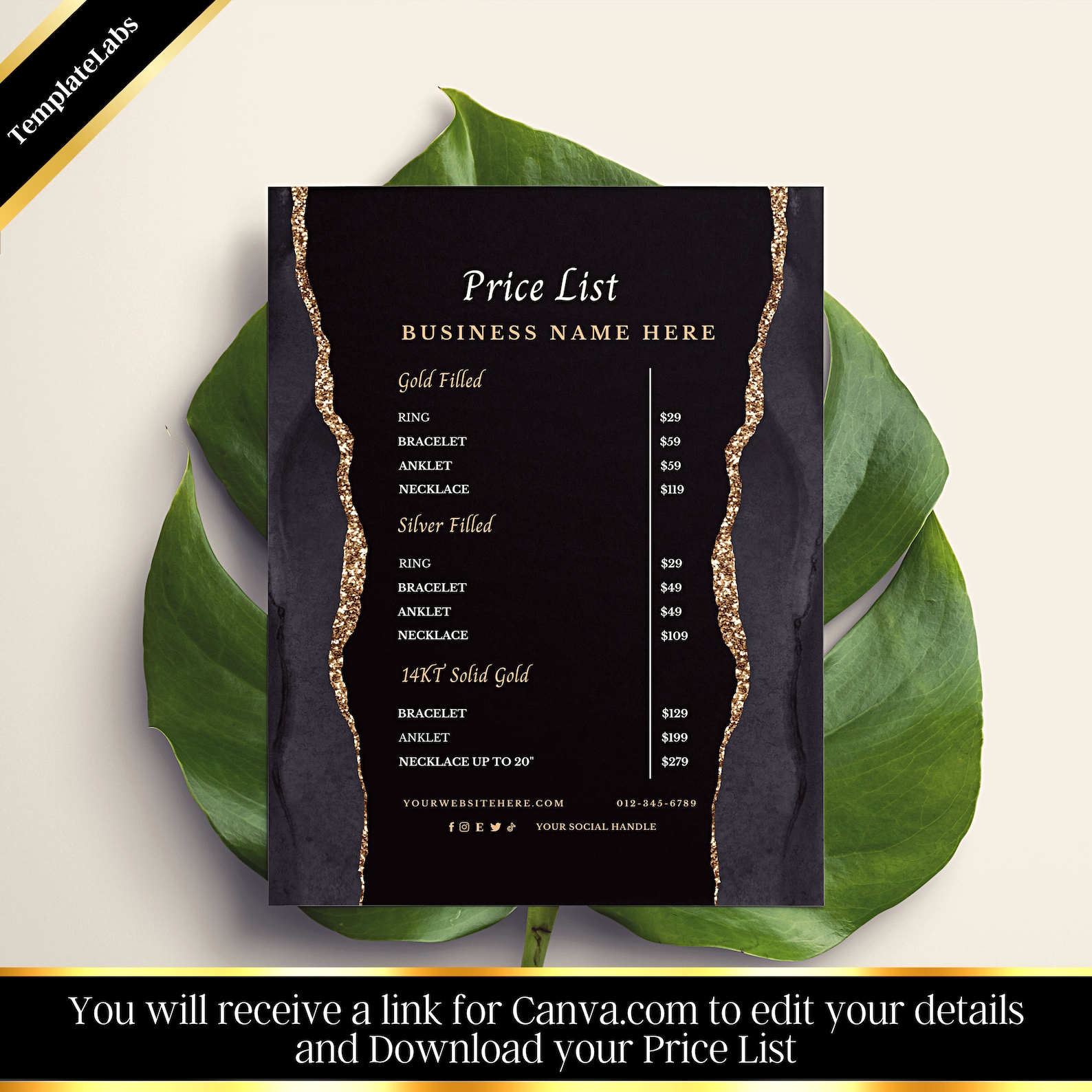 Permanent Jewelry Price List, Printable Price List, Price Guide Canva