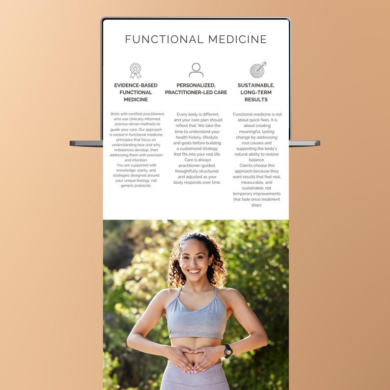 Puede incluir: Una pantalla promocional para Medicina Funcional. La secci&oacute;n superior presenta texto e iconos que describen atenci&oacute;n basada en evidencia, personalizada y sostenible. La parte inferior muestra a una mujer con ropa deportiva, sonriendo, con las manos en el abdomen.