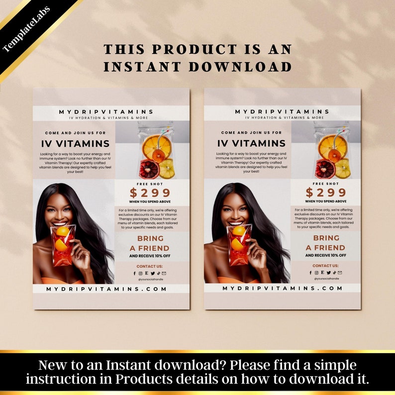 Puede incluir: Un folleto que anuncia terapia de vitaminas IV con un shot gratis por 2,99 &euro; cuando gastas m&aacute;s de una cierta cantidad. El folleto presenta a una mujer sonriendo y sosteniendo un vaso de l&iacute;quido. El folleto tambi&eacute;n incluye el texto "MyDripVitamins" y "Ven y &uacute;nete a nosotros para las vitaminas IV".