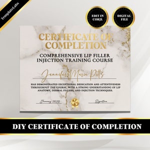 Certificaat lipvuller, injectorverpleegkundige, sjabloon lipvuller, afdrukbaar certificaat van voltooiing, trainingscertificaat, Corjl-bestand, DIY-bestand