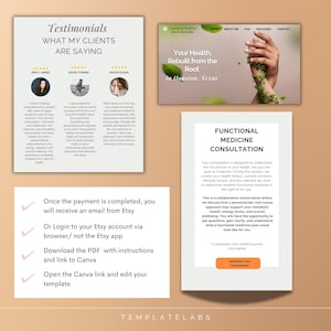 Puede incluir: Plantilla digital para una consulta de medicina funcional, con testimonios de clientes, una maqueta de sitio web y un esquema de consulta. Incluye instrucciones de compra en Etsy y edici&oacute;n en Canva. Dise&ntilde;o limpio y profesional.