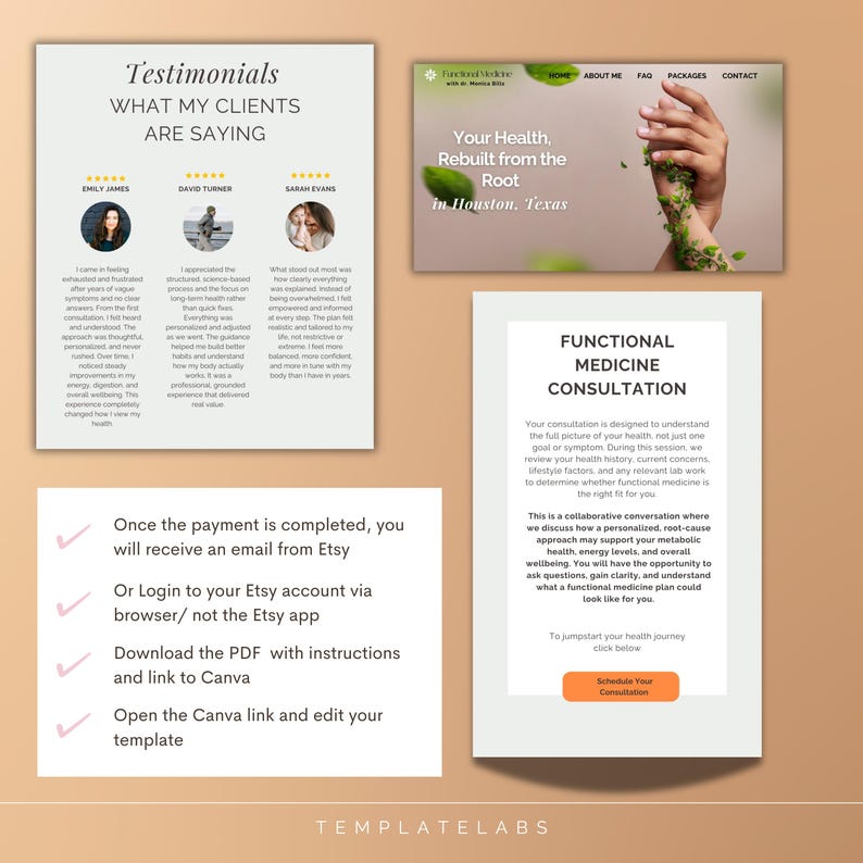 Puede incluir: Plantilla digital para una consulta de medicina funcional, con testimonios de clientes, una maqueta de sitio web y un esquema de consulta. Incluye instrucciones de compra en Etsy y edici&oacute;n en Canva. Dise&ntilde;o limpio y profesional.