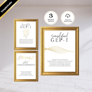 Op de afbeelding: Drie ingelijste prints met gouden frames en witte achtergronden. De prints bevatten tekst en gouden decoratieve elementen. De grootste print zegt "simplified GLP-1". De andere twee prints zeggen "benefits GLP-1" en "what CLIENTS EXPERIENCE".