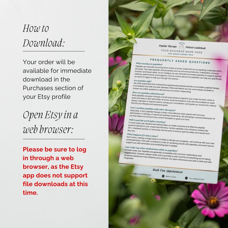 May include: A printed guide titled "Peptide Therapy Patient Guidebook" with a list of frequently asked questions. The guide is on a white background with text in black. The image also includes instructions on how to download a purchase from Etsy.