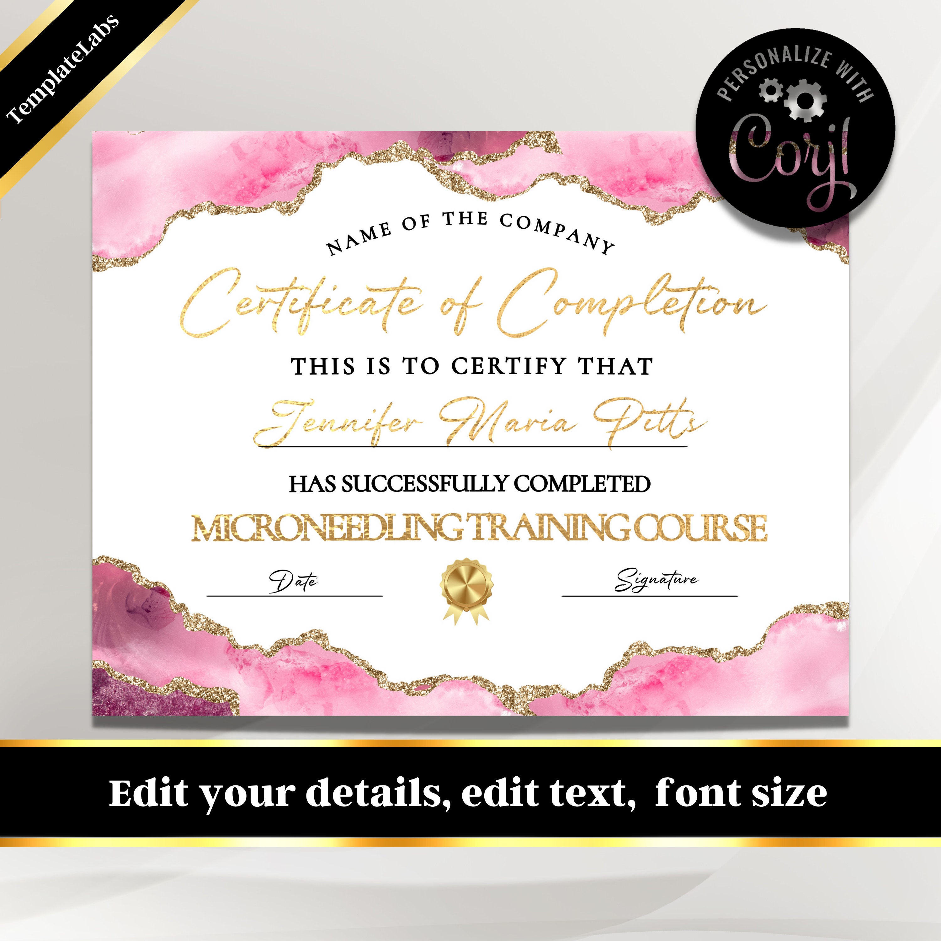 Microneedling Course Certificate, Microneedling Template, Printable Certificate, Editable ...