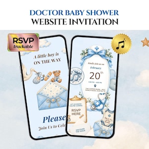 Op de afbeelding: Twee smartphones met een digitale babyshower-uitnodiging met een dokters-thema. De schermen tonen blauwe enveloppen, een teddybeer in een doktersjas, een stethoscoop en tekst waaronder A little boy is ON THE WAY en RSVP HERE.