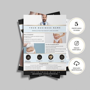 以下が含まれることがあります： 体重減少クリニックのSemaglutideという体重減少薬を宣伝する印刷可能なチラシ。チラシには、医師、女性、Semaglutideの利点を示すアイコンが掲載されています。チラシには、「Your Business Name」、「Semaglutide for Weight Loss Success」、「What is Semaglutide?」、「How Does Semaglutide Work?」、「Semaglutide Results」、「Get in Touch with Us」、「5 Printable Flyers」、「Fully Editable」、「Instant Download」というテキストが記載されています。