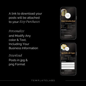 May include: Two black and gold phone mockups with recipe templates for a green smoothie bowl and egg muffins with veggies. The text on the mockups reads "Green Smoothie Bowl" and "Egg Muffins with Veggies".