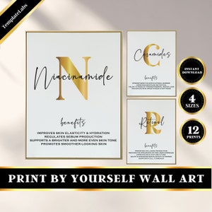 May include: Four framed prints with gold text on a white backdrop. The prints display the words "Niacinamide", "Ceramides", and "Retinol", alongside their benefits. The phrase "Print by Yourself Wall Art" is at the bottom of the image.