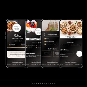 May include: Four black and gold recipe cards with images of food and drinks. The cards are titled "Quinoa Breakfast Bowl", "Cottage Cheese and Fresh Fruit", "Infused Water", and "Mixed Nuts and Dried Fruit". Each card includes a list of ingredients, instructions, and nutritional information.