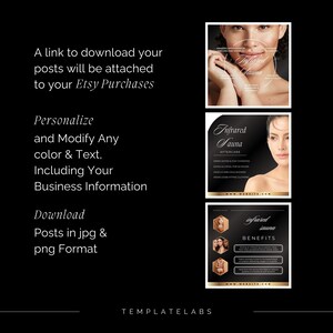 May include: Three black and gold social media post templates for an infrared sauna business. The first template features a woman's face with the text "Infrared Sauna". The second template features the text "Infrared Sauna Aftercare" with a list of instructions. The third template features the text "Infrared Sauna Benefits" with a list of benefits.