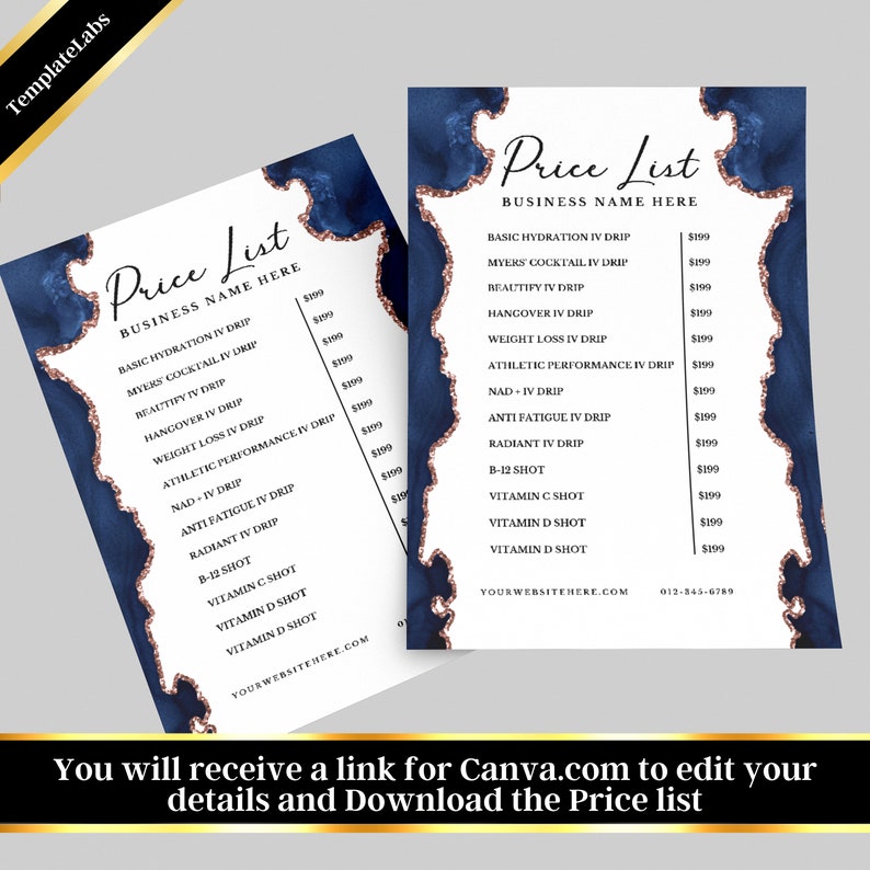 IV Hydration Template Printable Price List Template IV Drip - Etsy