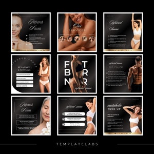 May include: Nine black and white square images with text and images of people using an infrared sauna. The text includes "Infrared Sauna", "Our Services", "Rejuvenate & Revitalize", "Fit Body & Relax", "Infrared Sauna for Athletes", "Infrared Sauna", and "Metabolic Tune Up".