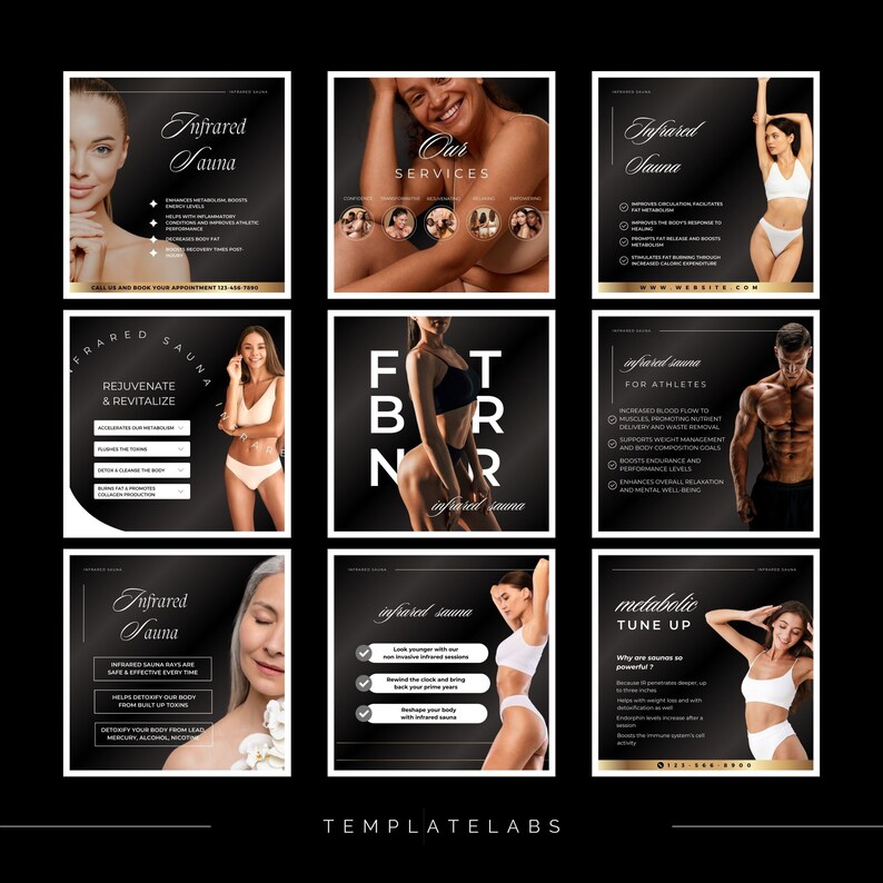 May include: Nine black and white square images with text and images of people using an infrared sauna. The text includes "Infrared Sauna", "Our Services", "Rejuvenate & Revitalize", "Fit Body & Relax", "Infrared Sauna for Athletes", "Infrared Sauna", and "Metabolic Tune Up".