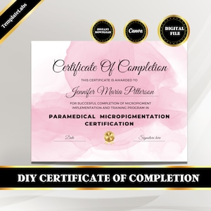 Certificato di tatuaggio paramedico, certificato di tatuaggio dell'areola, certificato di micropigmentazione, modello di certificato di completamento, file stampabile