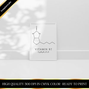 Pu&ograve; includere: Un poster stampabile in bianco e nero con uno schema di struttura chimica della vitamina B7, nota anche come biotina, con la formula chimica C10H16N2O3S.