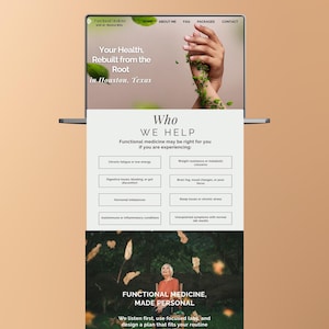 Puede incluir: Una pantalla de port&aacute;til muestra un sitio web de medicina funcional. El encabezado incluye enlaces de navegaci&oacute;n. El contenido principal destaca los servicios e incluye el texto: "Su salud, reconstruida desde la ra&iacute;z en Houston, Texas".