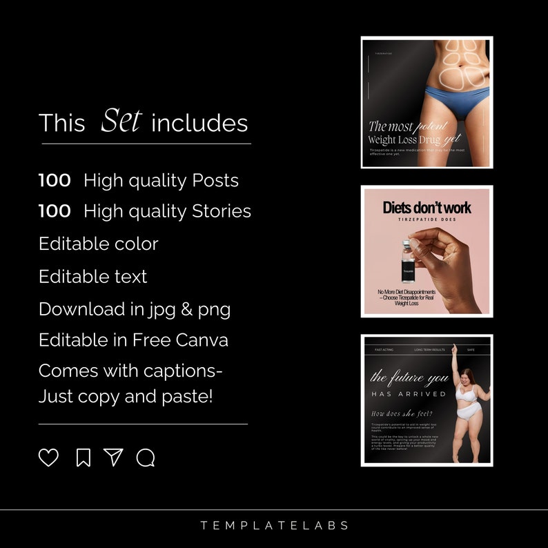Puede incluir: Un conjunto de 100 publicaciones y 100 historias para redes sociales para promocionar productos para perder peso. Las im&aacute;genes muestran a una mujer en ropa interior, una mano sosteniendo una botella de medicamento y una mujer en sujetador y ropa interior. El texto en las im&aacute;genes incluye "El medicamento para perder peso m&aacute;s potente hasta la fecha", "Las dietas no funcionan TIRZEPATIDE S&Iacute;", y "El futuro que eres HA LLEGADO".