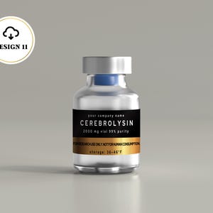 May include: A clear glass vial with a silver cap and a blue stopper. The label features a black section with the text CEREBROLYSIN, 2000 mg vial 99% purity, and a gold section with the text FOR RESEARCH USE ONLY. NOT FOR HUMAN CONSUMPTION, storage: 36-46&deg;F.