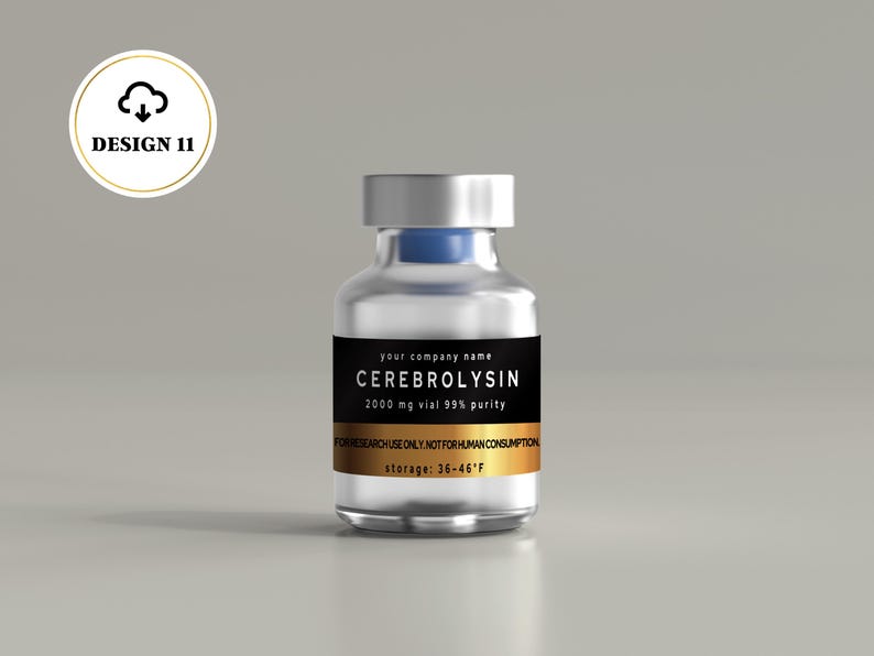 May include: A clear glass vial with a silver cap and a blue stopper. The label features a black section with the text CEREBROLYSIN, 2000 mg vial 99% purity, and a gold section with the text FOR RESEARCH USE ONLY. NOT FOR HUMAN CONSUMPTION, storage: 36-46&deg;F.