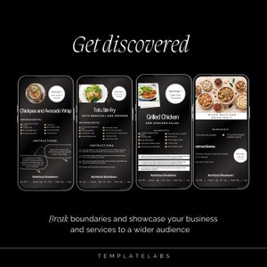 May include: Four black smartphone screens with white text and images of different food recipes. The recipes include Chickpea and Avocado Wrap, Tofu Stir-Fry with Broccoli and Peppers, Grilled Chicken and Avocado Salad, and Mixed Nuts and Dried Fruit. The text on the screens includes the ingredients, instructions, and nutritional breakdown for each recipe.