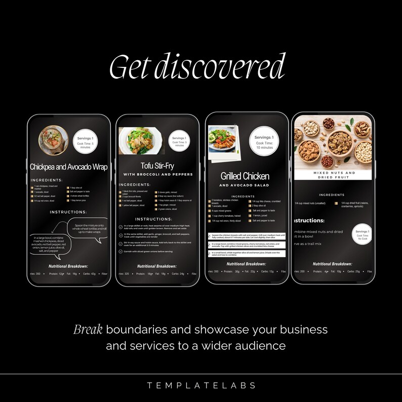 May include: Four black smartphone screens with white text and images of different food recipes. The recipes include Chickpea and Avocado Wrap, Tofu Stir-Fry with Broccoli and Peppers, Grilled Chicken and Avocado Salad, and Mixed Nuts and Dried Fruit. The text on the screens includes the ingredients, instructions, and nutritional breakdown for each recipe.