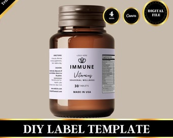 Supplement Bottle Label, Supplement Label Template, Vitamin Label, Editable Label Canva, Edit in Canva, DIY Label, Digital Download, 4 Sizes