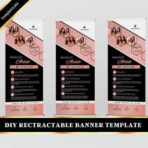 Könnte beinhalten: Eine rosa-schwarze, einziehbare Banner-Vorlage für eine Visagistin. Das Banner zeigt eine Fotocollage von Models mit Make-up, den Text "Makeup Artist" und "Makeup by Sophia" sowie eine Liste der angebotenen Dienstleistungen.